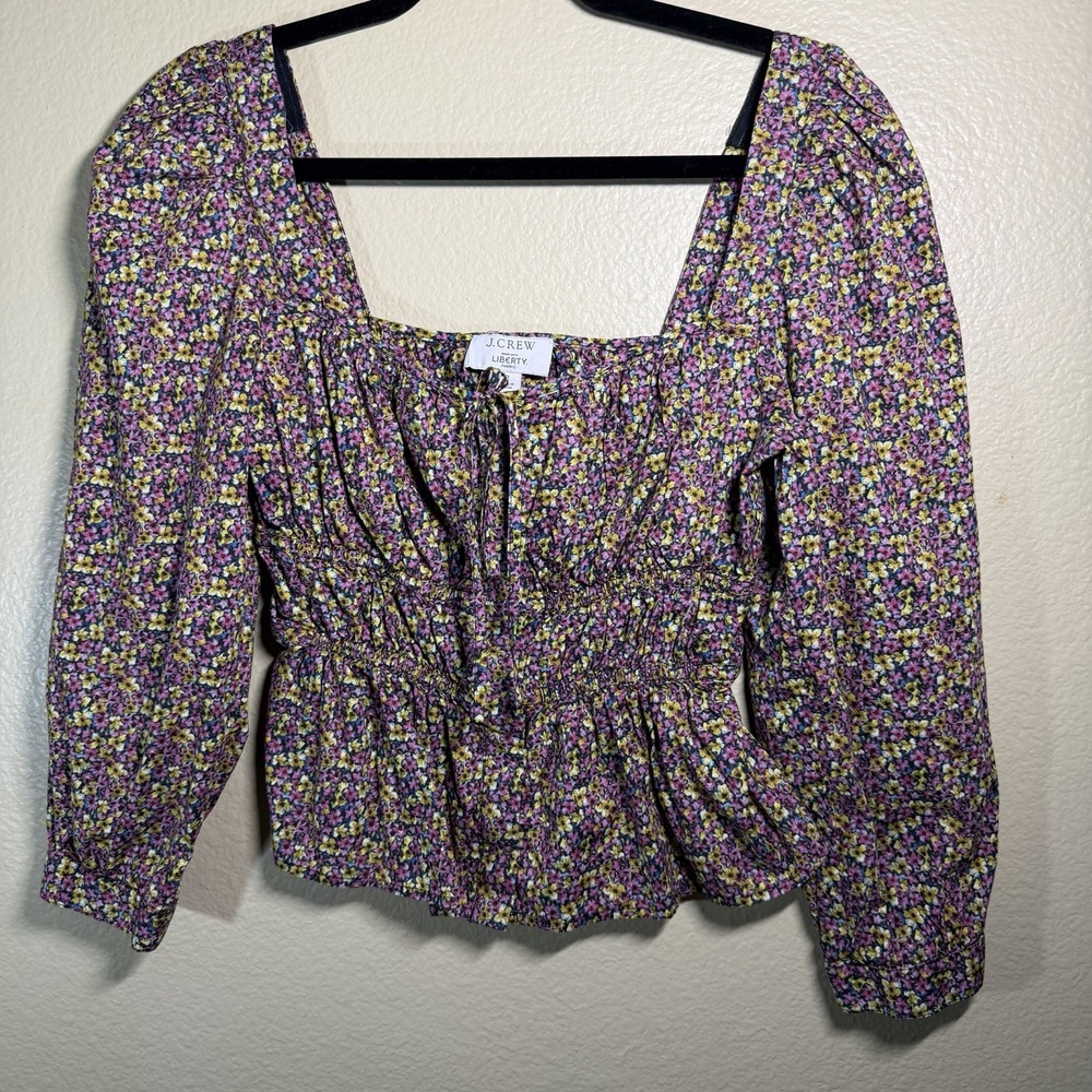 J.Crew Liberty Floral Smocked Peplum Puff Sleeve Top Square Neck Size 2